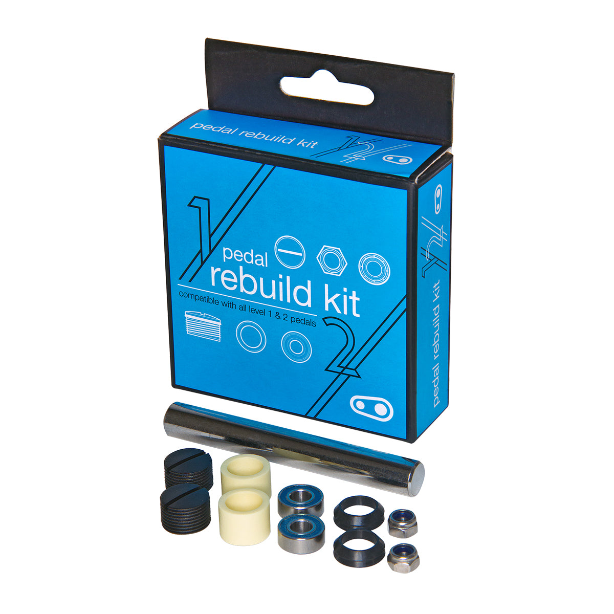 Crank brothers level 1 and 2 pedal kit includes:

2 end caps
2 spindle nuts
2 sealed ball bearings
2 bushings
2 double lip seals